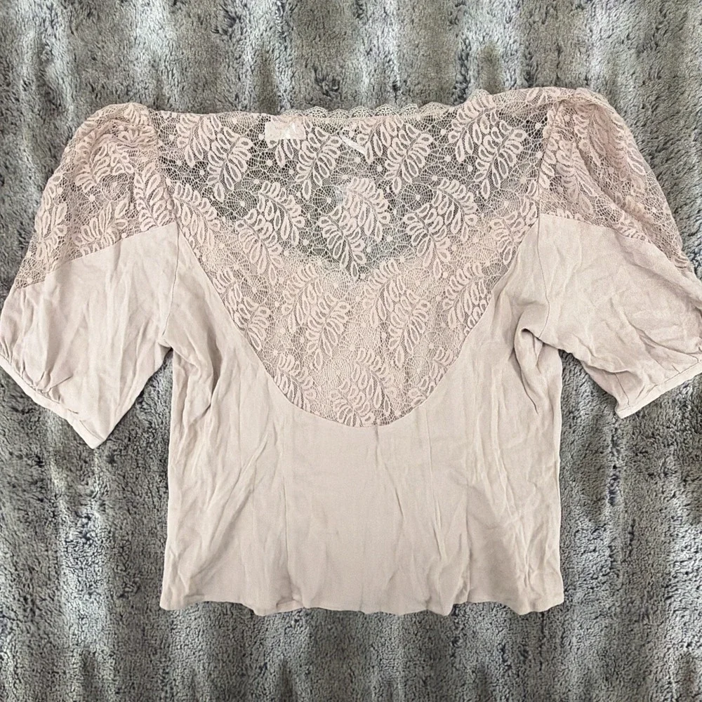Free People Woman Blouse Large Mauve Rose lace top Boho 3/4 Sleeve NWOT